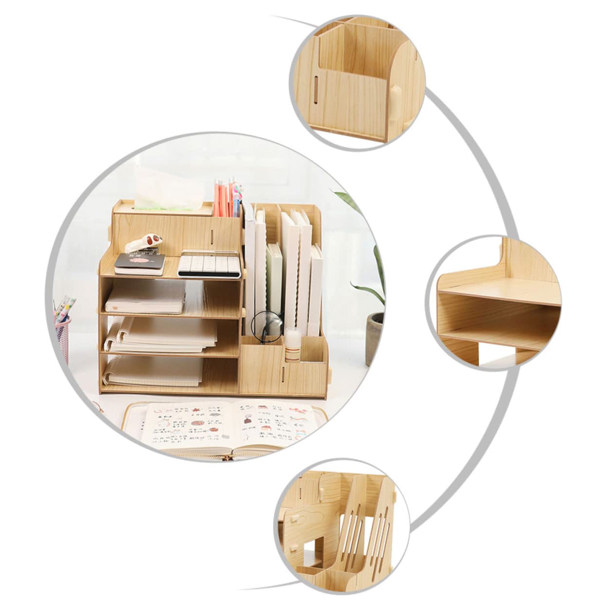 TEHAUX Organizador Escritorio Madera Multifuncional con Compartimentos Múltiples para Documentos y Artículos De Oficina Cajonera Compacta para Mesa Modelo Natural
