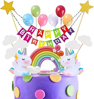 Xihuimay 17pcs Cake Topper Birthday Set Happy Birthday Banner Topper Handmade Cupcake Topper Including Colorful Rainbow Clouds Balloon Stars Picks for Boys Girls Birthday Party Decoration