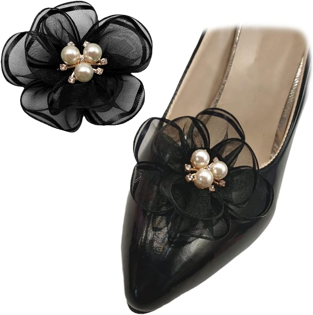 2 Pcs Pearl Flowers Shoe Clips Exquisite Rhinestone Shoes Charms Lace Floral Shoe Accessory for Wedding Pointed Toe Pumps