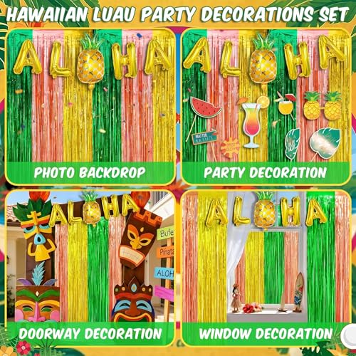 Image of Hawaiian Luau Party Decorations, 2 Packs Tropical Theme Hawaiian Foil Fringe Curtains,3.3 X 6.6 ft Aloha Photo Backdrop Streamers for Tiki Bar Pineapple Summer Beach Pool Party Decor