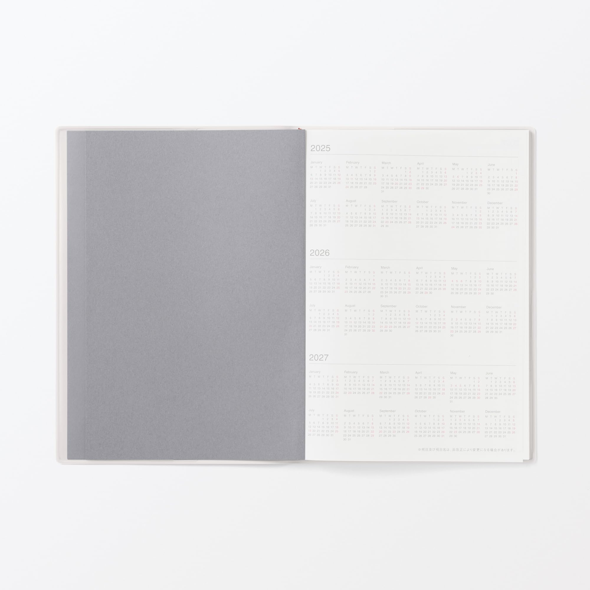 MUJI 84854309 Agenda mensual, comienza en diciembre de 2025, A5, color blanco y gris