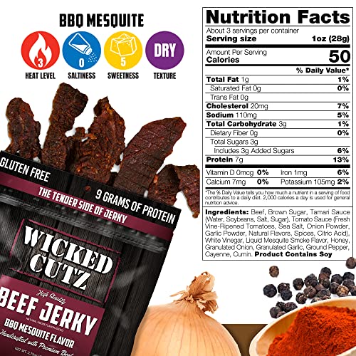 Image of Wicked Cutz BBQ Mesquite Beef Jerky, 21g Protein Per Bag, Tender & Easy to Chew Alternative to Beef Sticks, USA Made High Protein Carnivore Snacks (2 Bags)
