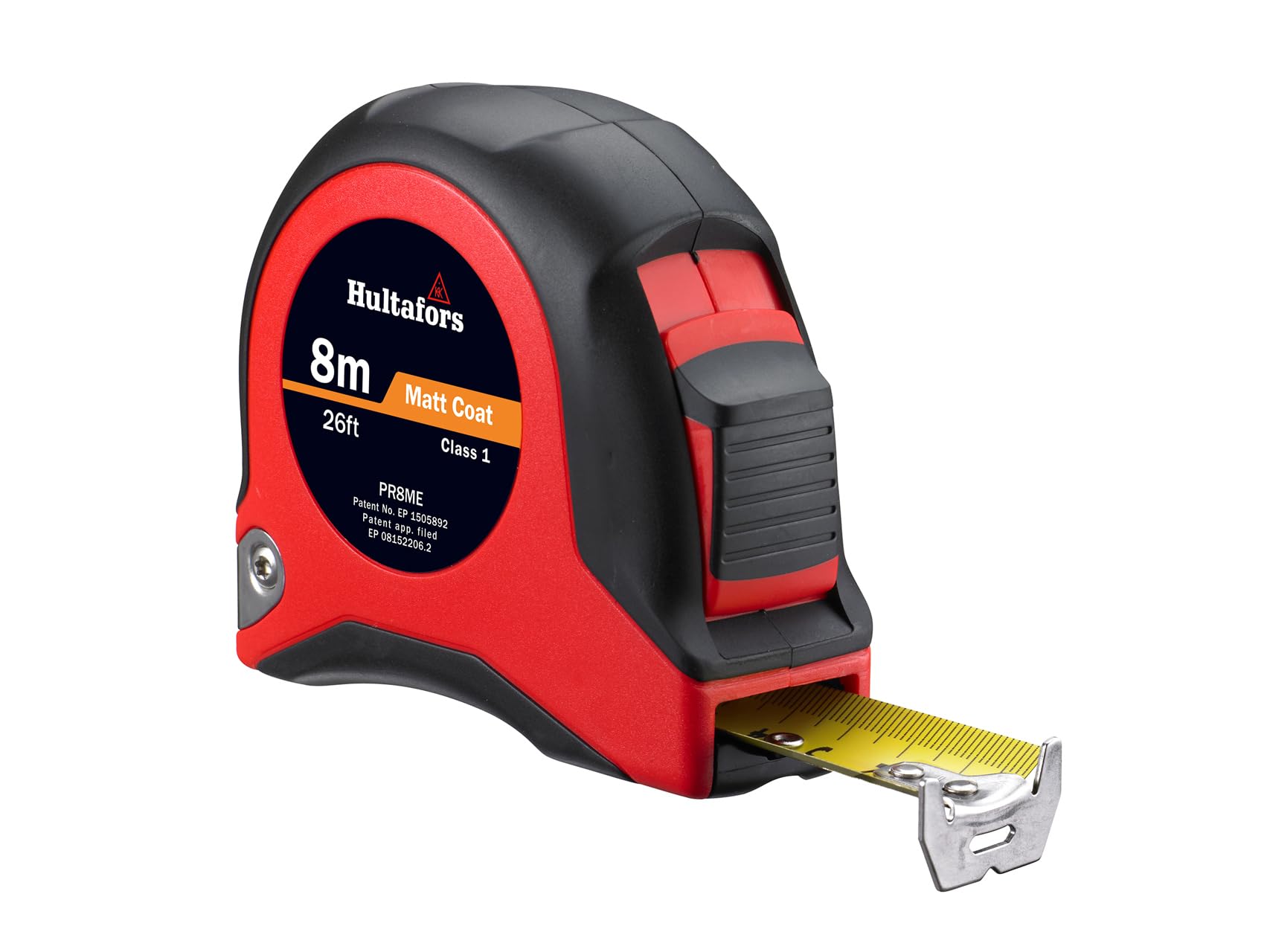 HULTAFORS PR8ME Short Steel Tape 8m/26ft (Width 25mm) With an ergonomic grip, rubber coated button and brake pad area.