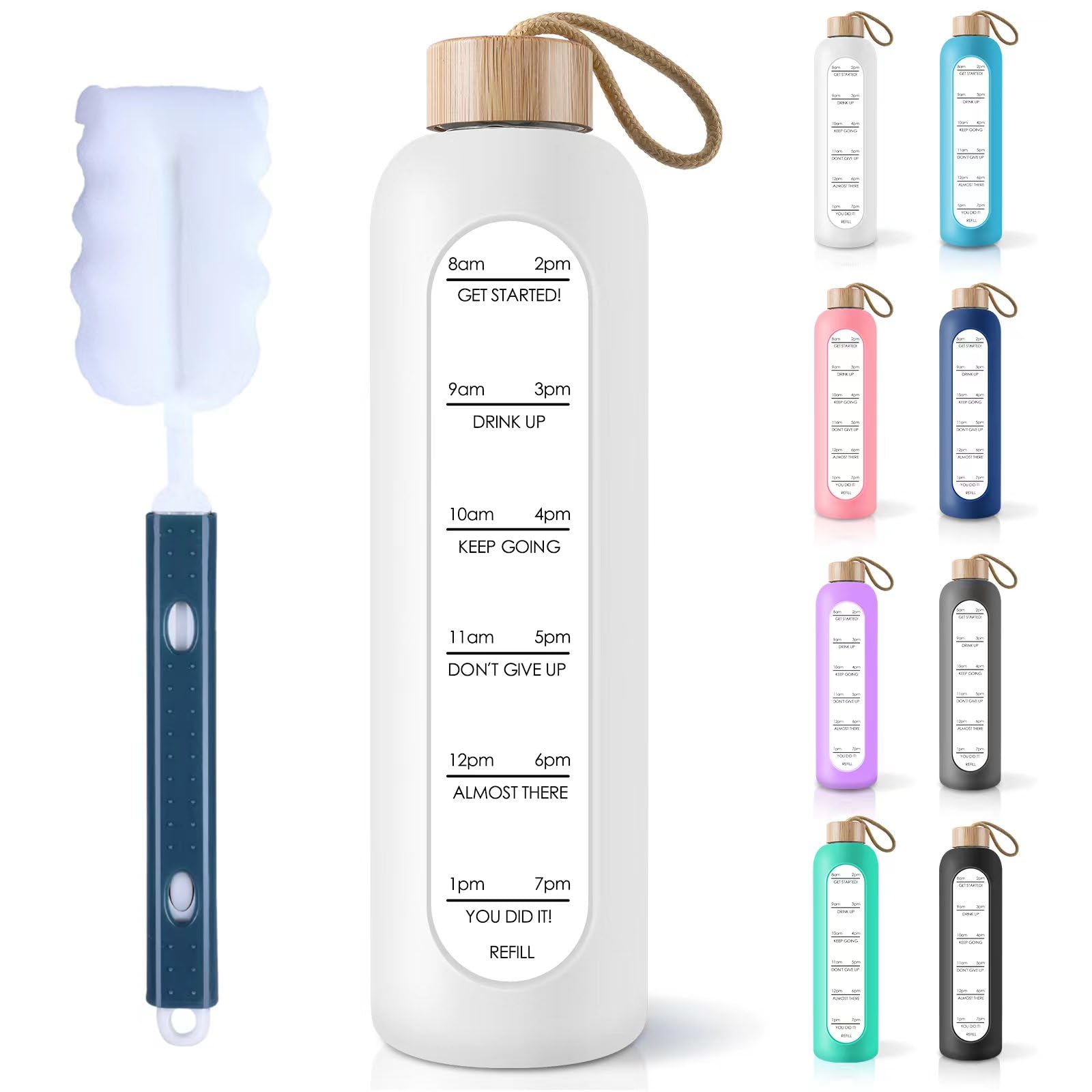 PROBTTL 25 oz Glass Water Bottles - Time Marker Motivational Borosilicate Glass Water Bottle With Silicone Sleeve and Bamboo Lid, Leak Proof, Reusable