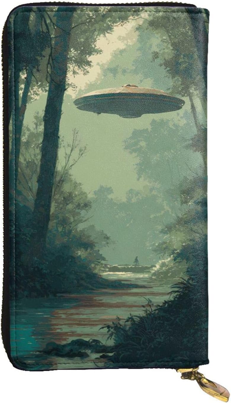 Retro UFO Forest Hand Held Wallet with Zipper Leather Waterproof Unisex
