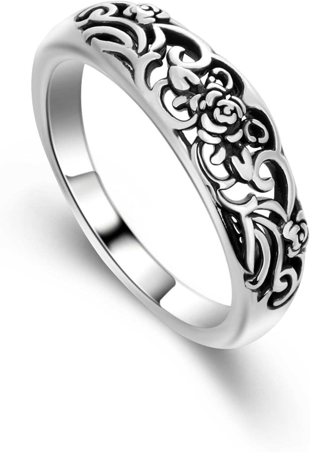 925 Sterling Silver Ring for Women - Victorian Filigree Oxidized Vintage Openwork Floral Band, Handmade Statement Promise Ring, Elegant Gift for Her, Wedding Anniversary Band
