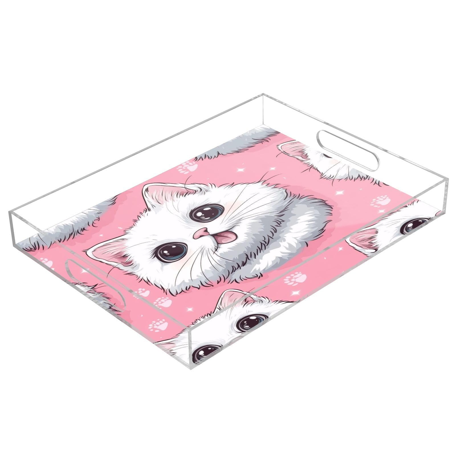 Msyxl Cute Cat Serving Tray for Coffee Table, Decorative Acrylic Tray Cute Cat Tray with with Handles for Breakfast, Ottoman, Countertop, 12x16 in