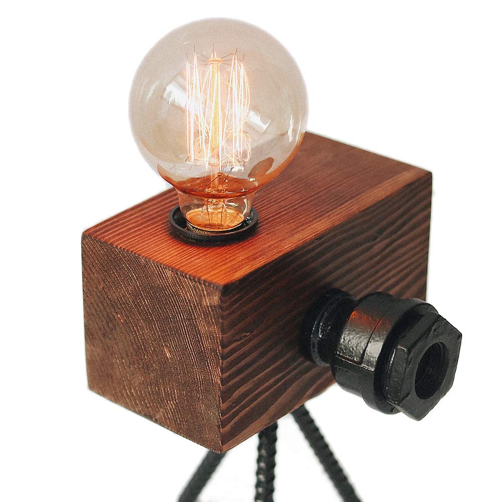 Looxury Real Wood Table Lamp Industrial Edison Bulb - Creative Camera Shape Unique Style - Vintage Decor Camera - Free Bulb Included