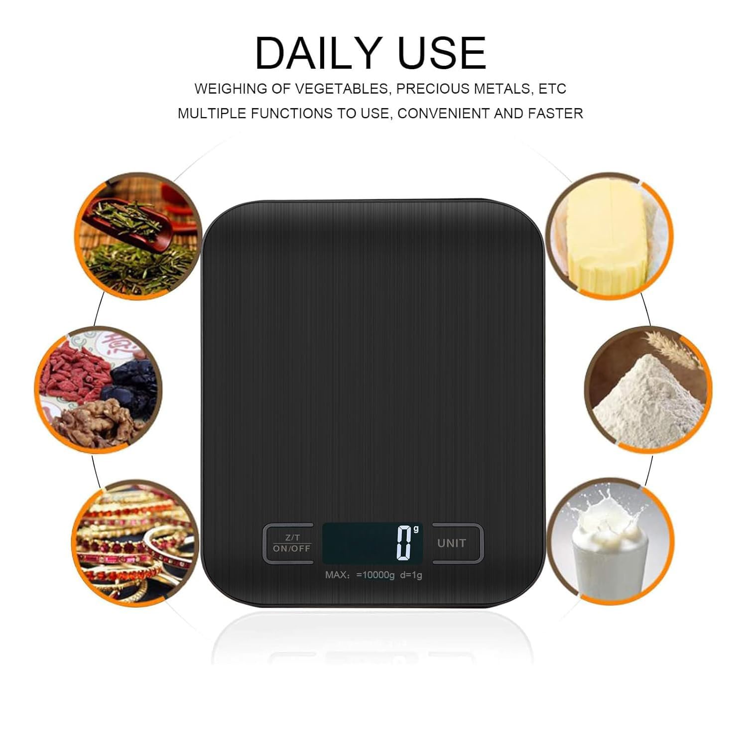 Bilancia Da Cucina Digitale, 10 kg, Bilancia Elettronica In Acciaio Inox, Elegante Bilancia Alimentare Ultra Sottile, Bilancia Elettronica Per Casa e Cucina Con Display Lcd, Funzione Tara (Nero)