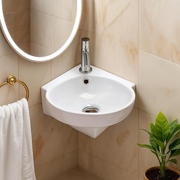 Compact Corner Wall Hung Basin Sink with Single Tap Hole Space-Saving Cloakroom Hand Wash Basin White Ceramic Corner Sink for Small Bathrooms & En-suites 370mm x 395mm