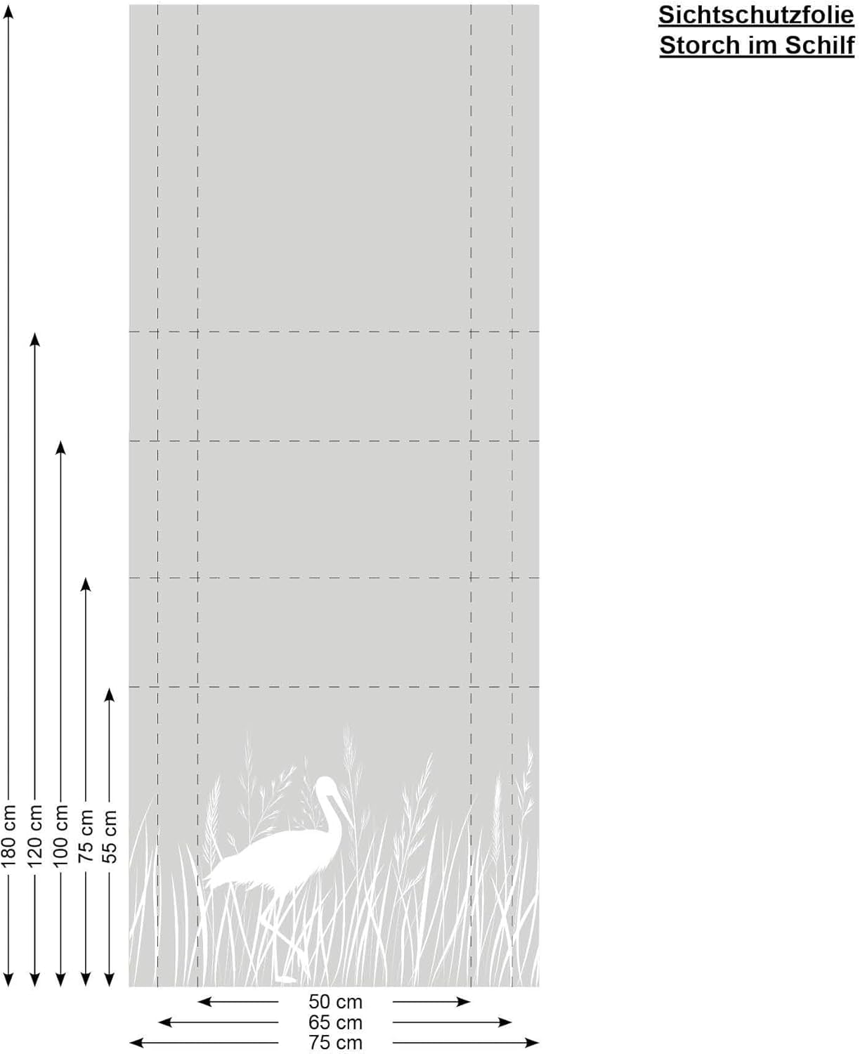 Sichtschutzfolie Storch und Gräser Wildblumen Florale Fensterfolie Fensterdeko Milchglasfolie Folie Fenster, 55 cm hoch, 200 cm breit