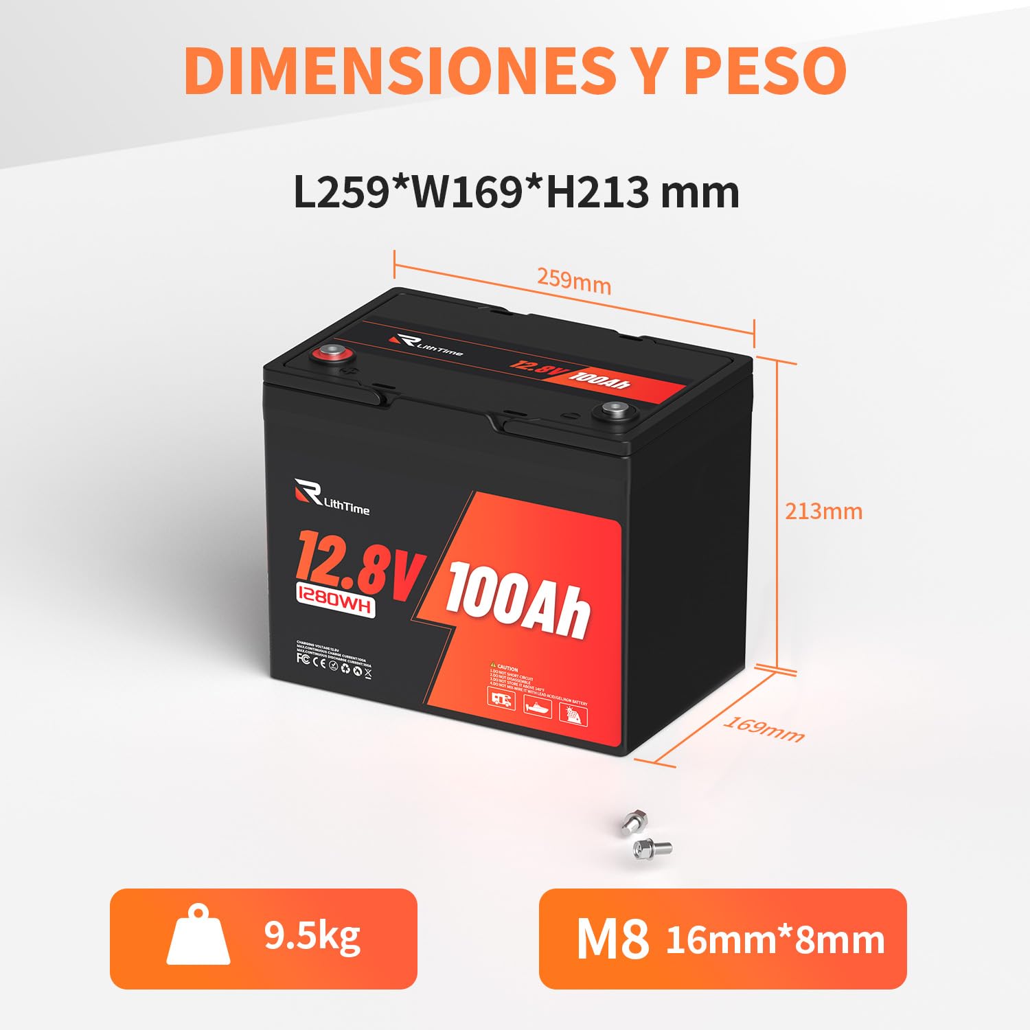 Bateria LiFePO4 12V 100Ah, Bateria Litio con Peso 9.5kg y 98% Eficiencia, Celdas Grado A y BMS 100A, IP65, 4500-16000 Ciclos para Autocaravanas Sistemas Solares (Group24)