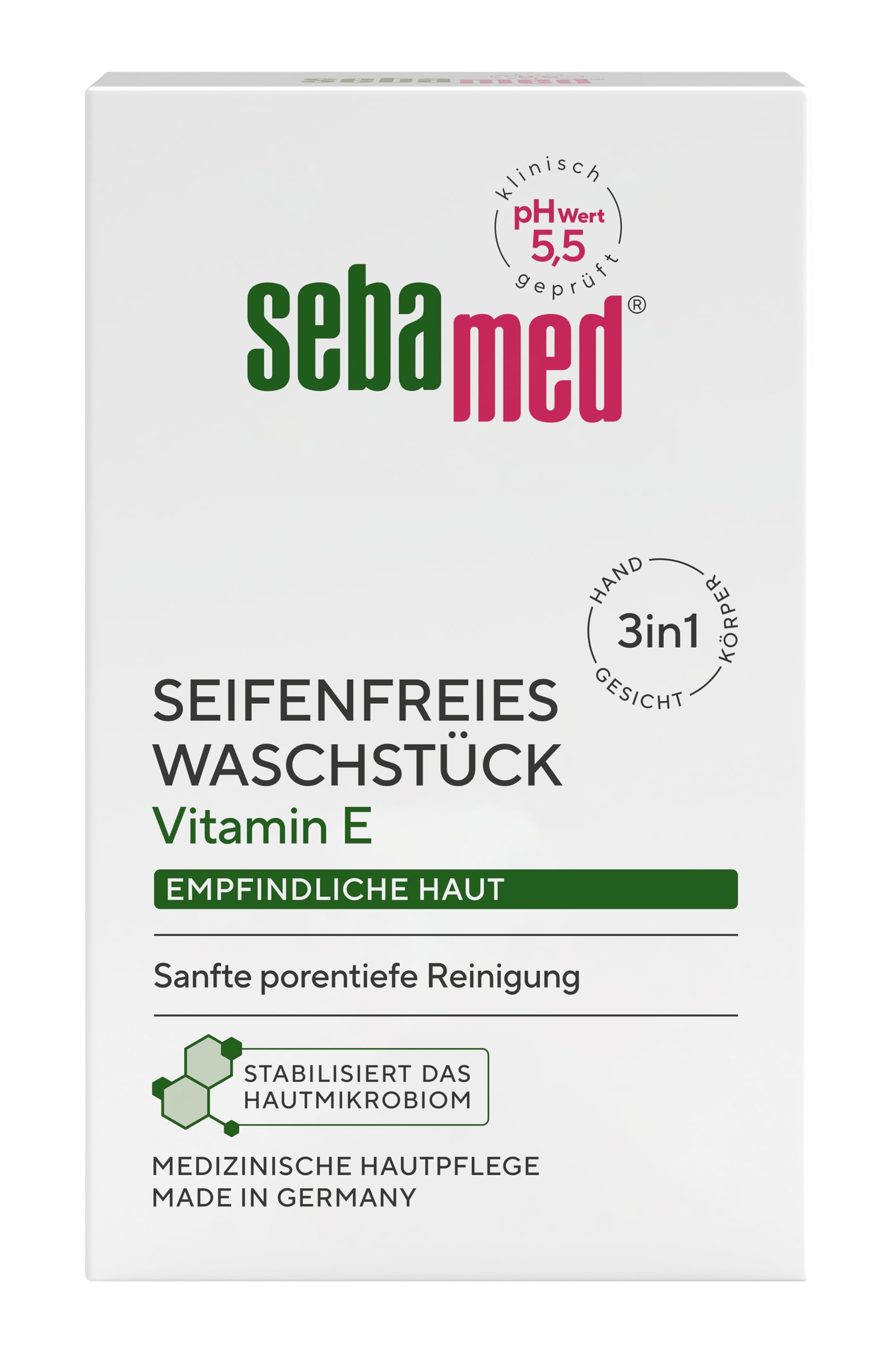 Sebamed seifenfreies Waschstück 150 g, mit Vitamin E, für die tägliche sanfte, porentiefe Reinigung empfindlicher Haut, zur Hand-, Gesichts- und Körperreinigung geeignet