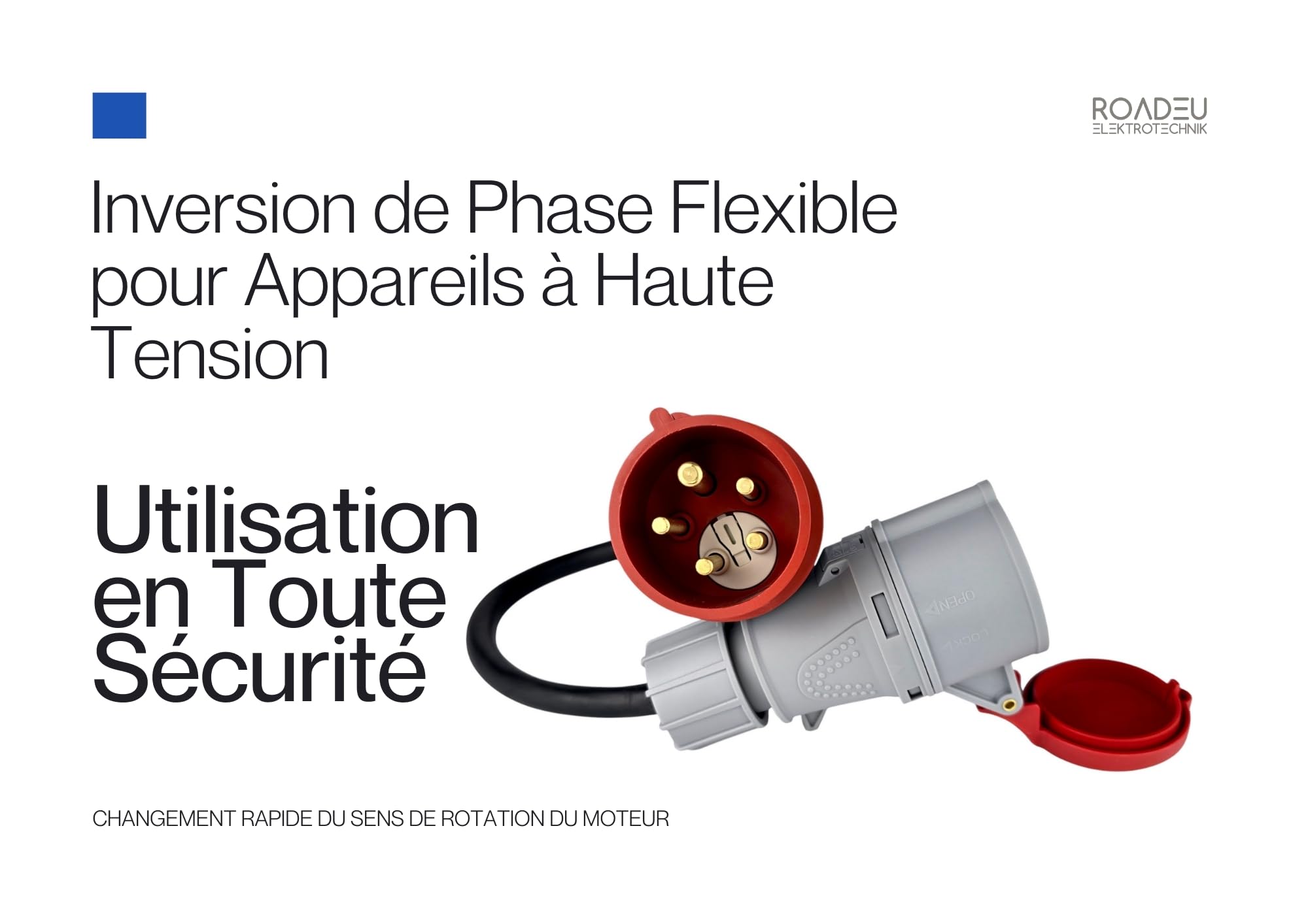 RoadEu – Cordon adaptateur CEE 32A 5 pôles avec inverseur de phase – rallonge 0,5m 400V – câble en caoutchouc IP44 – prise et fiche industrielle triphasée
