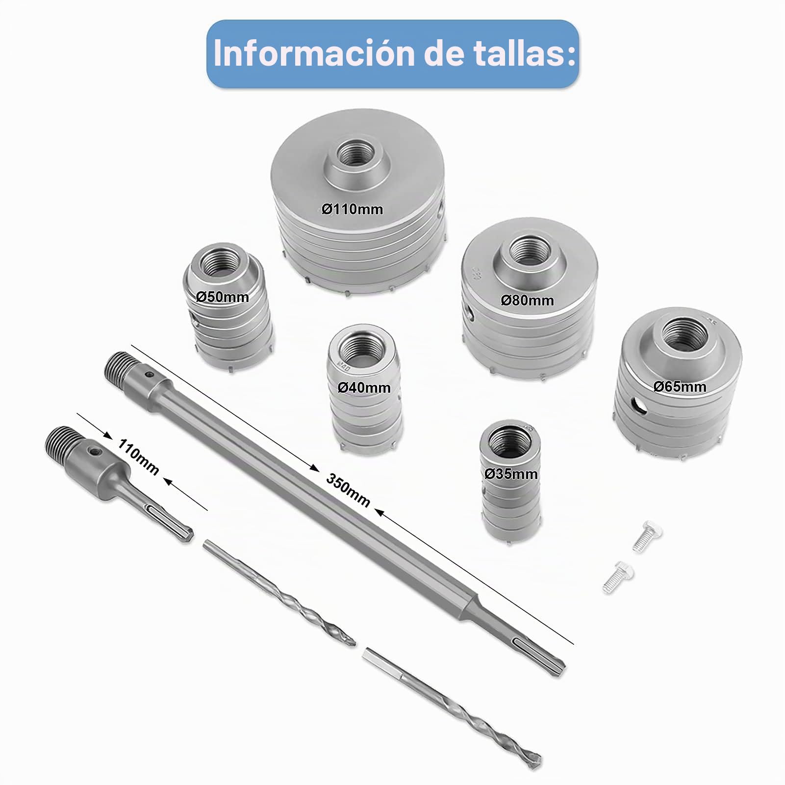 brocas multiuso Robust Line MultiConstruction 35 mm, 40 mm, 50 mm, 65 mm, 82 mm, 110 mm, con broca de guía, vástago de 350 mm, vástago de extensión SDS Plus de 300 mm