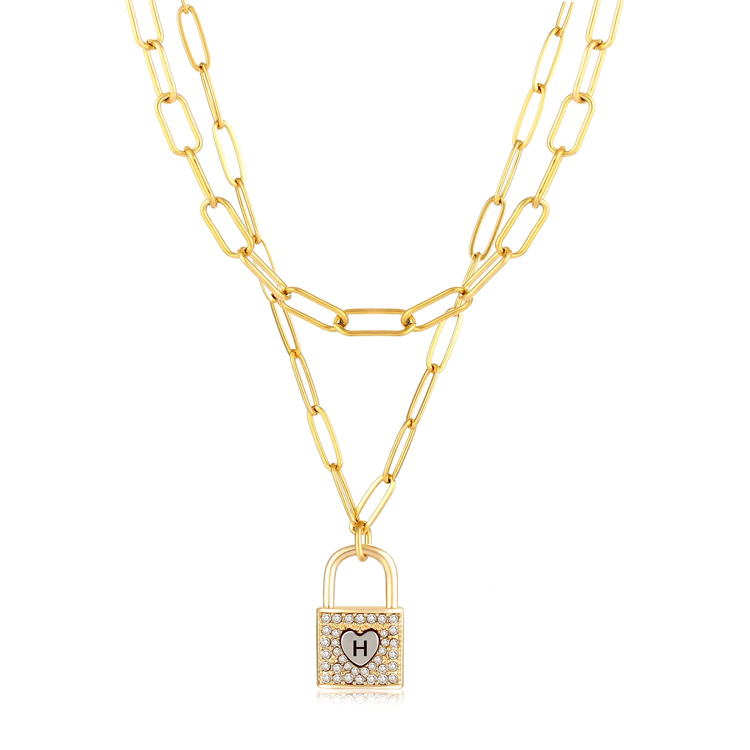 POSHFEEL Initial Lock & Heart Sharp Pendant Necklace for Women, 14K Gold Double Layer Dainty Paperclip Link Chain for Girls Jewelry