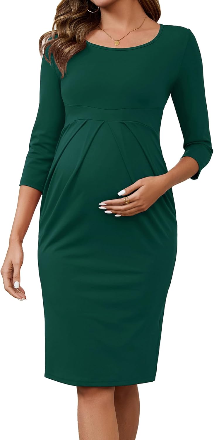 Women's Work Maternity Dresses Semi Formal 3/4 Sleeves Front Pleated Office Pregnancy Business Dress