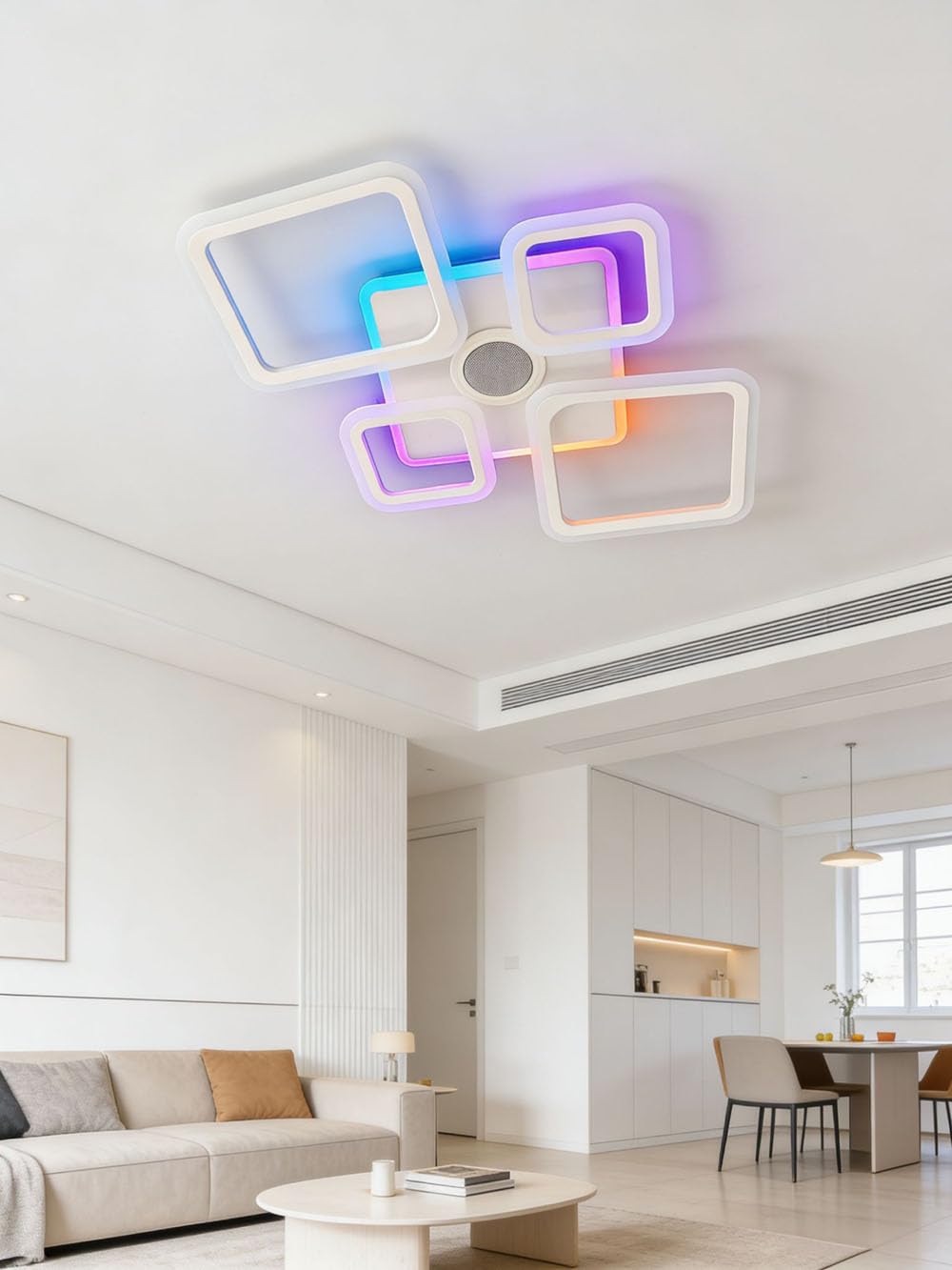 Partenopea Plafoniera LED 70W Smart RGB+CCT con Cassa Bluetooth, Dimmerabile, 5 Quadranti Design Moderno 725x455mm, Telecomando e App, Luce Calda Naturale Fredda, Lampada Soffitto Interno Bianca