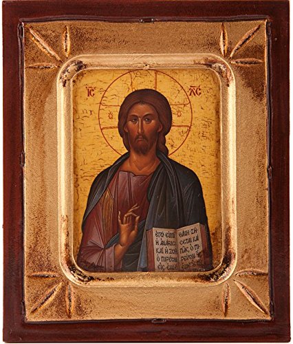 Wooden Icon Brown Large Of Christ Pantocrator. Icon Of Jesus Christ, Hand Made In Greece. Jesus Image As An Icon. Wall Hanging Religious Icon 19Cms X 24Cms.