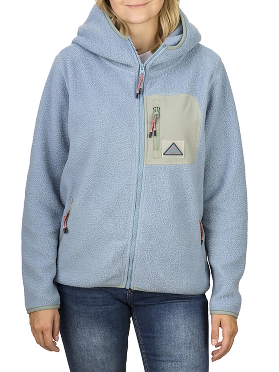 DENIMFY Fleecejacke Damen Regular Fit DFLea Teddyfleece Kapuzenjacke Winterjacke Übergangsjacke Stehkragen, Größe:L, Farben:Morning Fog Blue (59317)