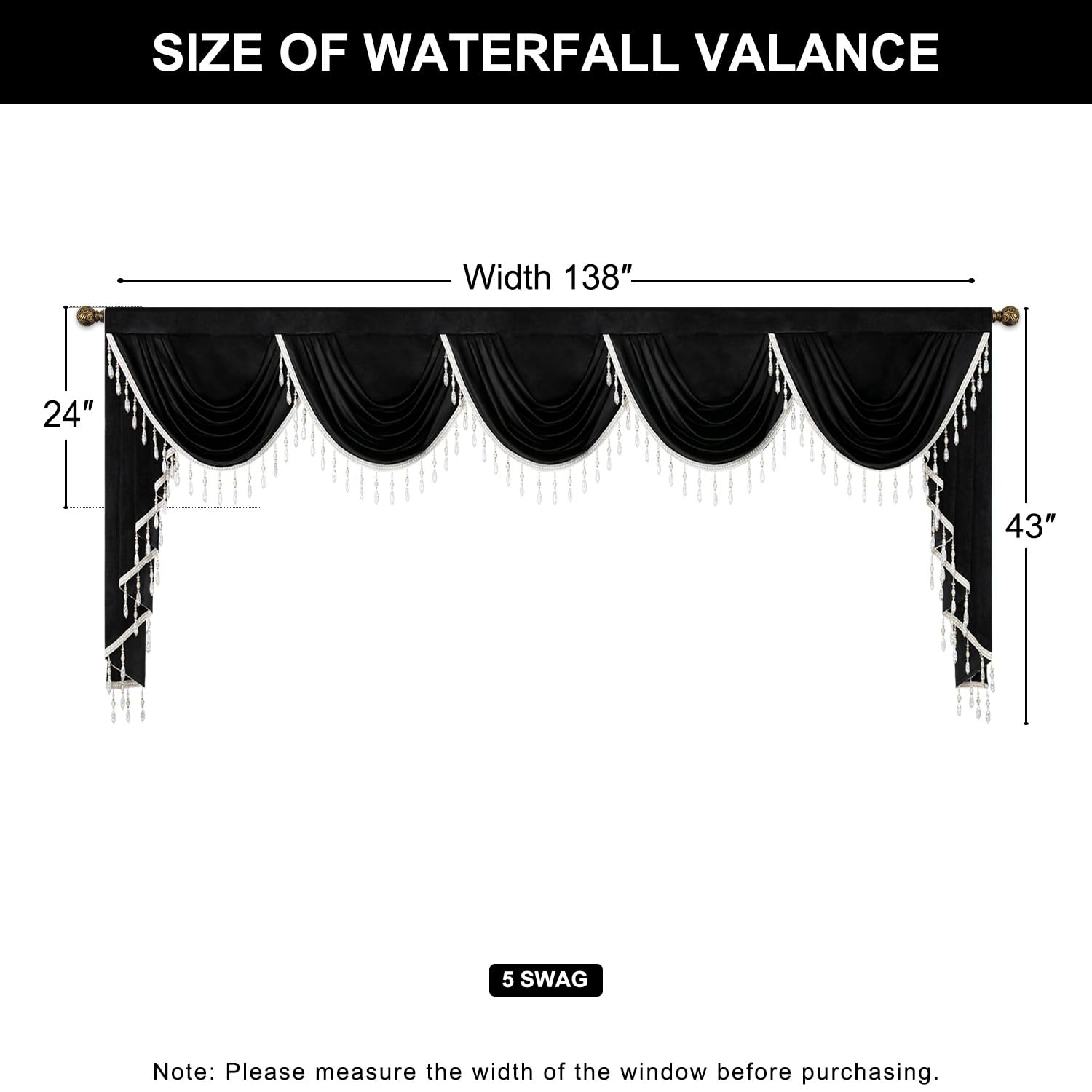 VOGOL Schwarze Wasserfall-Volants für Wohnzimmer, luxuriöser Vintage-Stil, Volant-Vorhänge mit handgefertigten Quasten, Stangentasche, Swag Vorhang für Schlafzimmer, Erkerfenster, B 345 cm, 1 Panel