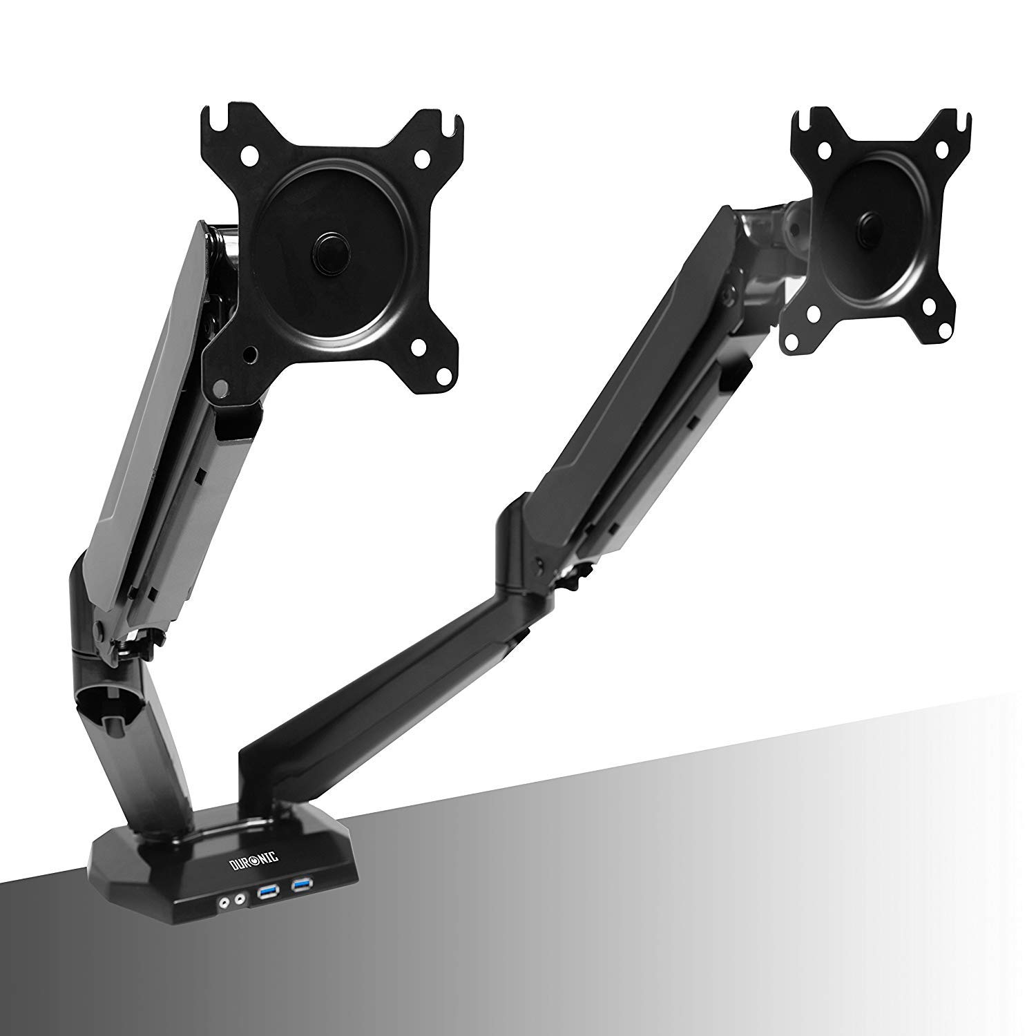 Duronic DMUSB5X2 Supporto Doppio Monitor 13"-27" con Bracci a Molla a Gas | Portata 8kg per Braccio, Altezza Regolabile 50cm, Inclinazione -90°/+85°, Base con Porte USB e Jack Audio, Alluminio