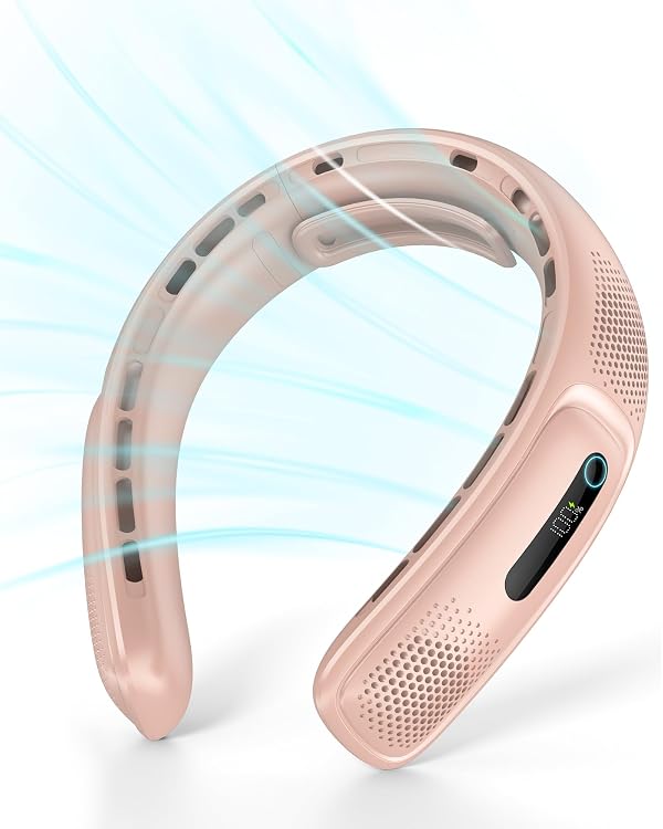 Portable Neck Fan, 4-Turbo, 360° Cooling, LED Display, 4000mAh Battery Operated Personal Fan Rechargeable, Hands Free Wearable Fans for Travel Office Gifts, Pink by Jkjoy - Image 8