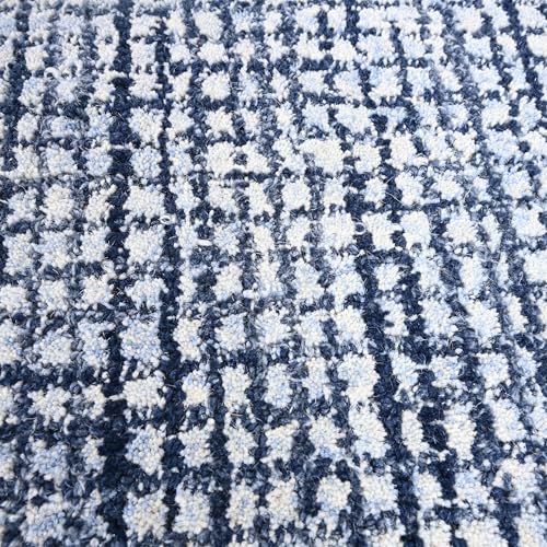 Image of Hand-Tufted 100% Wool Pile Area Rug - Geometric Textured Grid Check Pattern - Thick and Durable Floor Carpet for Bedroom, Living Room, Kids Room, and Dining Area (Navy Blue, 5' x 5')