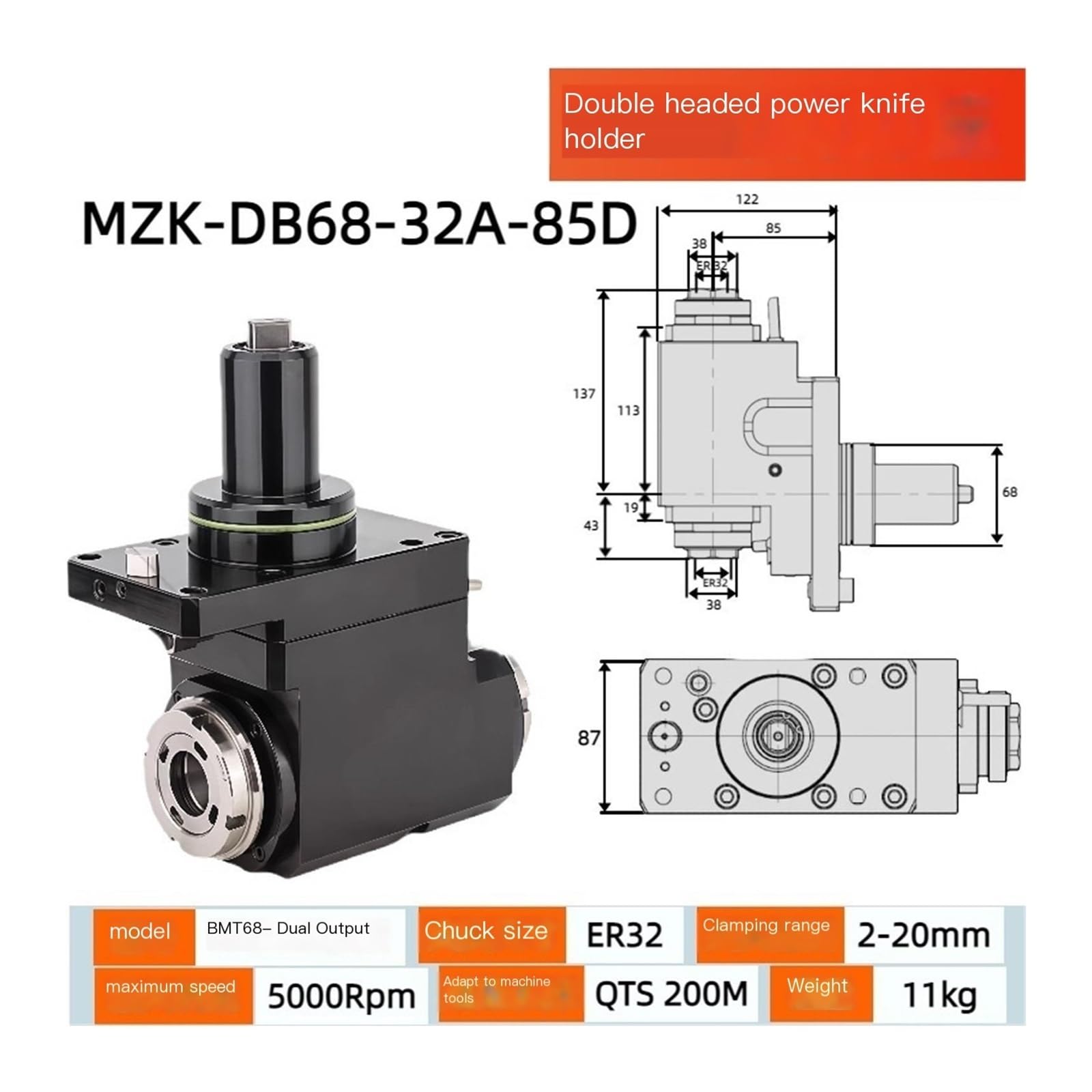 Pinza ER portautensili motorizzati a doppia direzione BMT68 | Utensile motorizzato, uscita bidirezionale, fresa/foratura/maschiatura, gambo BMT, rigido.(BMT68-Single-Bi)