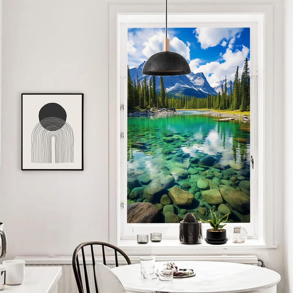 Beautiful Mountain Lake Window Film Decorative Turquoise Grove Natural Landscape Stained Glass Window Film Sun Blocking Heat Control No Glue Window Covering Film for Home 70x120cm
