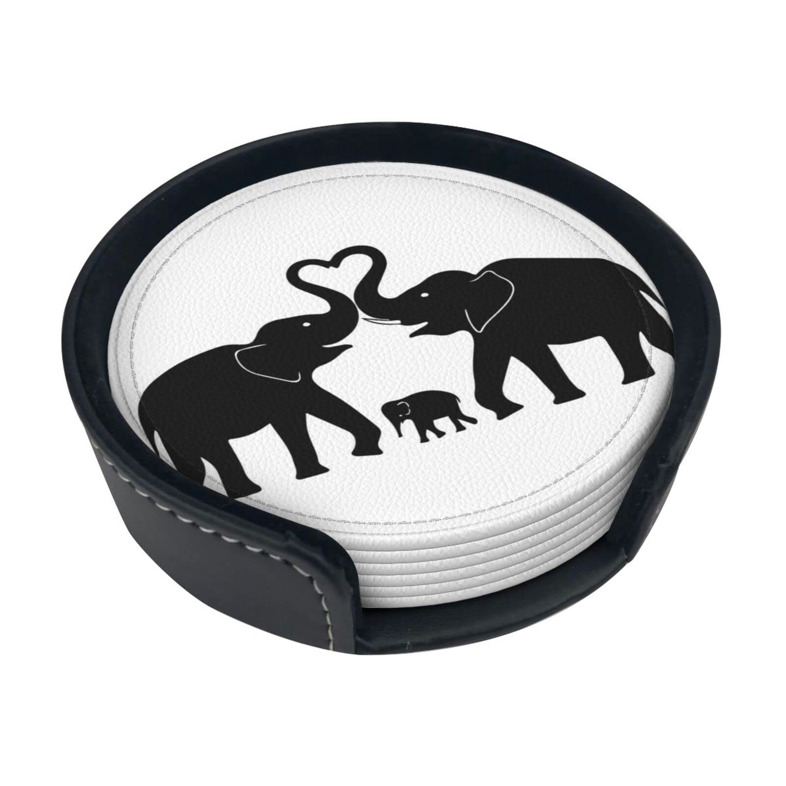 Coasters Set Of 6 Old Elephant And Young Elephant Print Leather Coasters For Drinks,Home Décor And Housewarming Gift