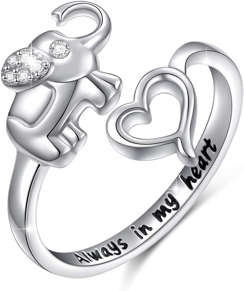 FLYOW 925 Sterling Silver Adjustable Animal Rings for Women Lucky Elephant Cute Pig Ring Cat Paw Love Heart Wrap Open Ring Birthday Gifts
