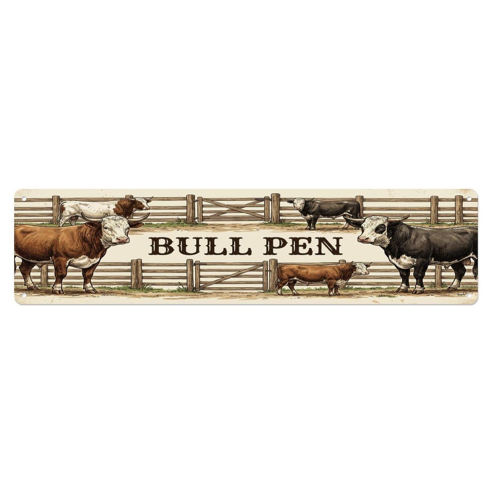 Vintage Pen Bull Cow Farmhouse Funny Cow Backyard Farm Metal Tin Sign Plaque Wall Decor for Cafe, Club, Garden Metal Poster 4x16Inch