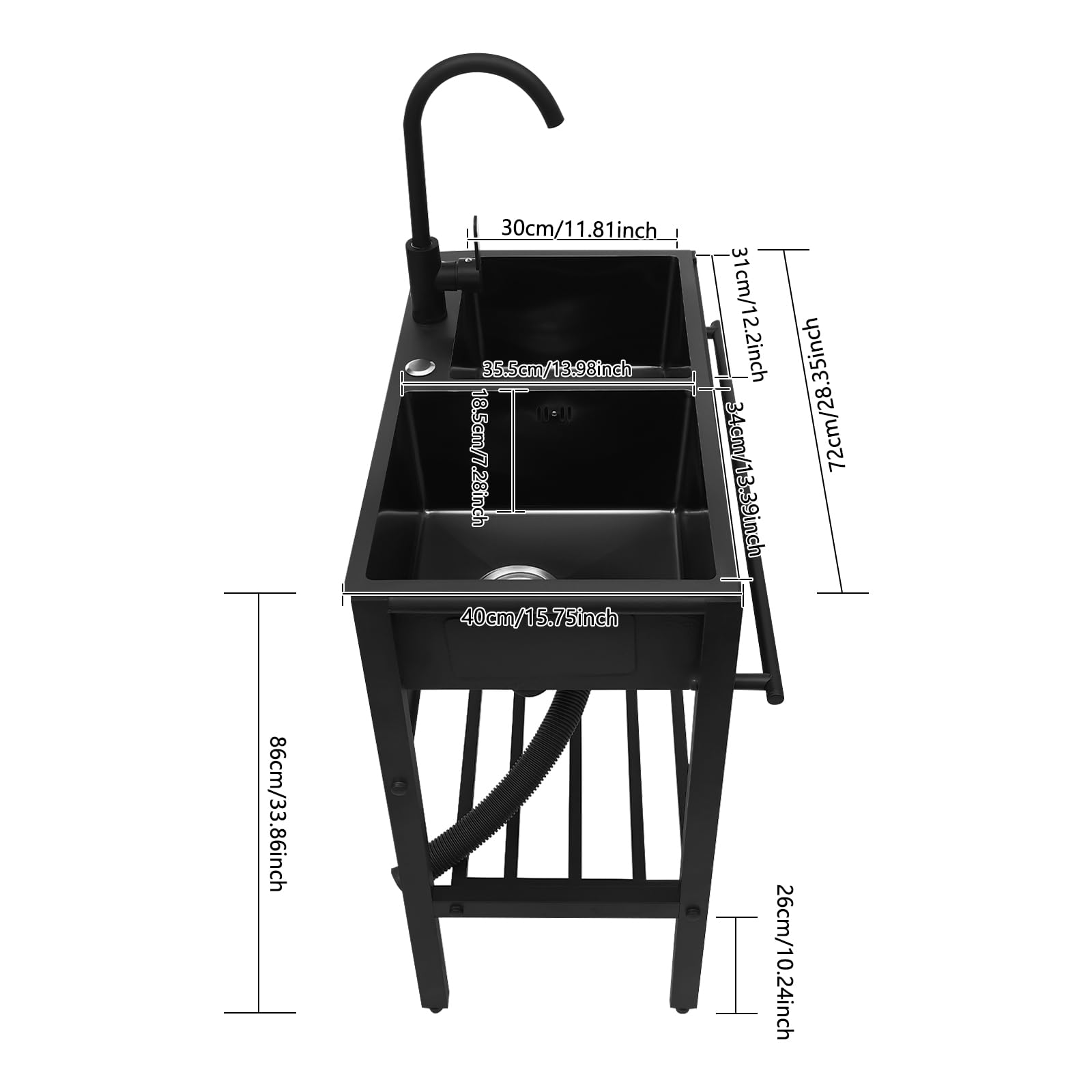 Lavello autoportante in acciaio inox, 2 vasche, 72 x 40 x 86 cm, nero