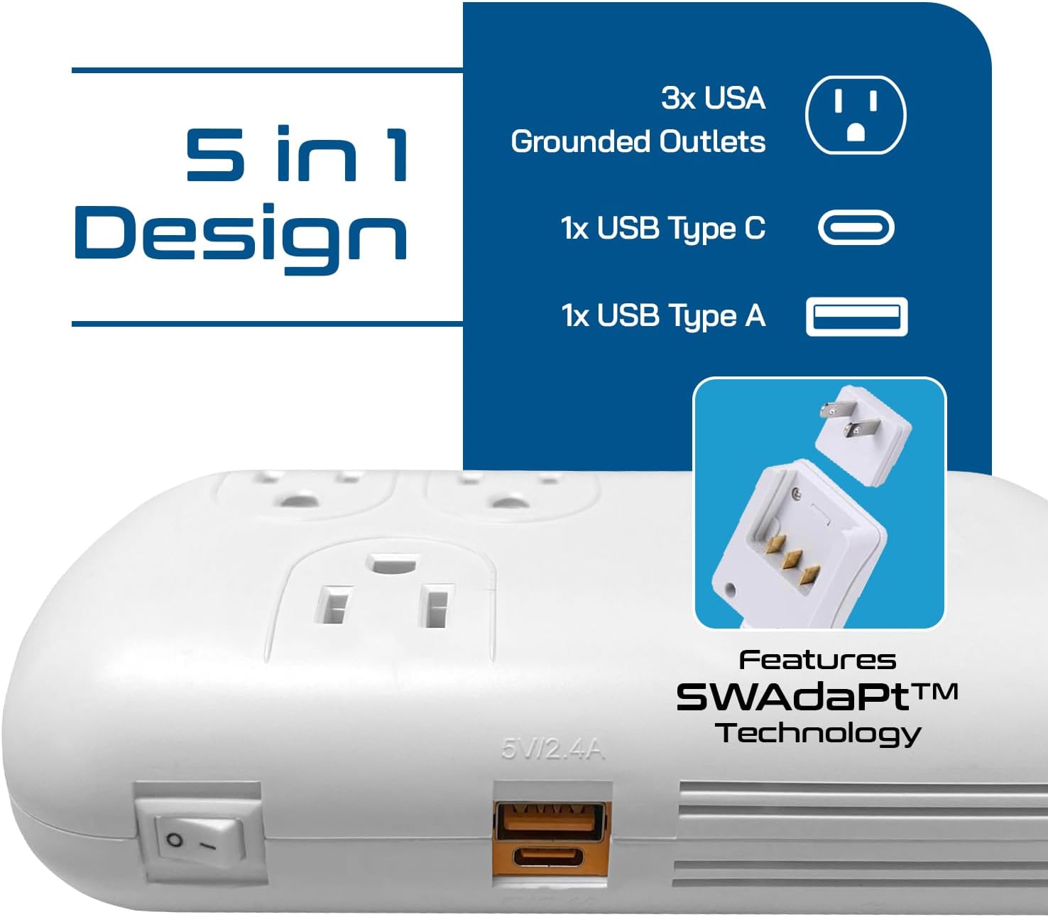 Ceptics 5-in-1 design showing 3 USA grounded outlets, 1 USB Type C, and 1 USB Type A