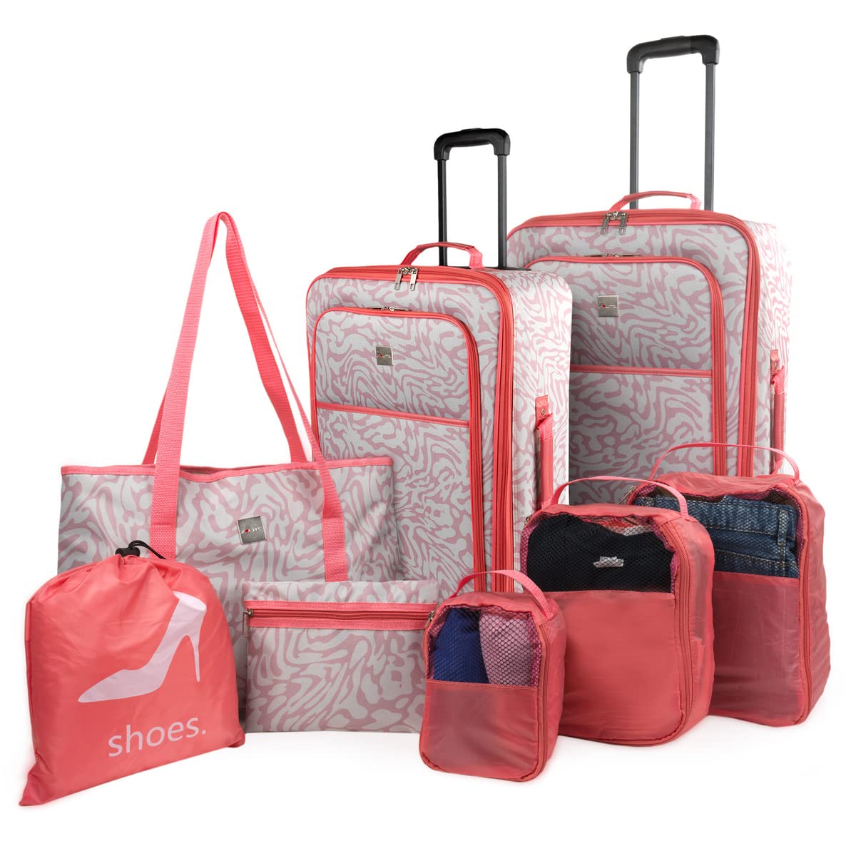 ITACA - Set of Lightweight semi-Rigid suitcases with 360° Rotating Wheels- Suitcase Set. Soft Travel suitcases with Combination Lock., Beige-Coral, 39.5 x 23 x 67 Centimeters, basicp