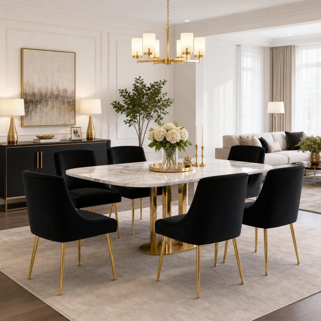Black Velvet Dining Chairs Gold Legs, Modern Upholstered Dining Room Chair with Wing Back Set of 4 Armless Padded Accent Chair Comfy Side Chair for Kitchen Living Room Bedroom