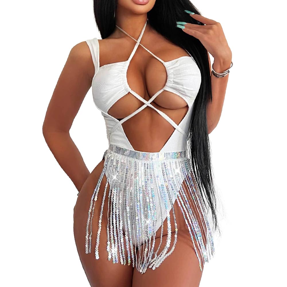 FYMNSI Tenue de festival sexy à paillettes pour femme - Tenue rave - Brillant - Ensemble bikini métallique - Pour fête, clubwear