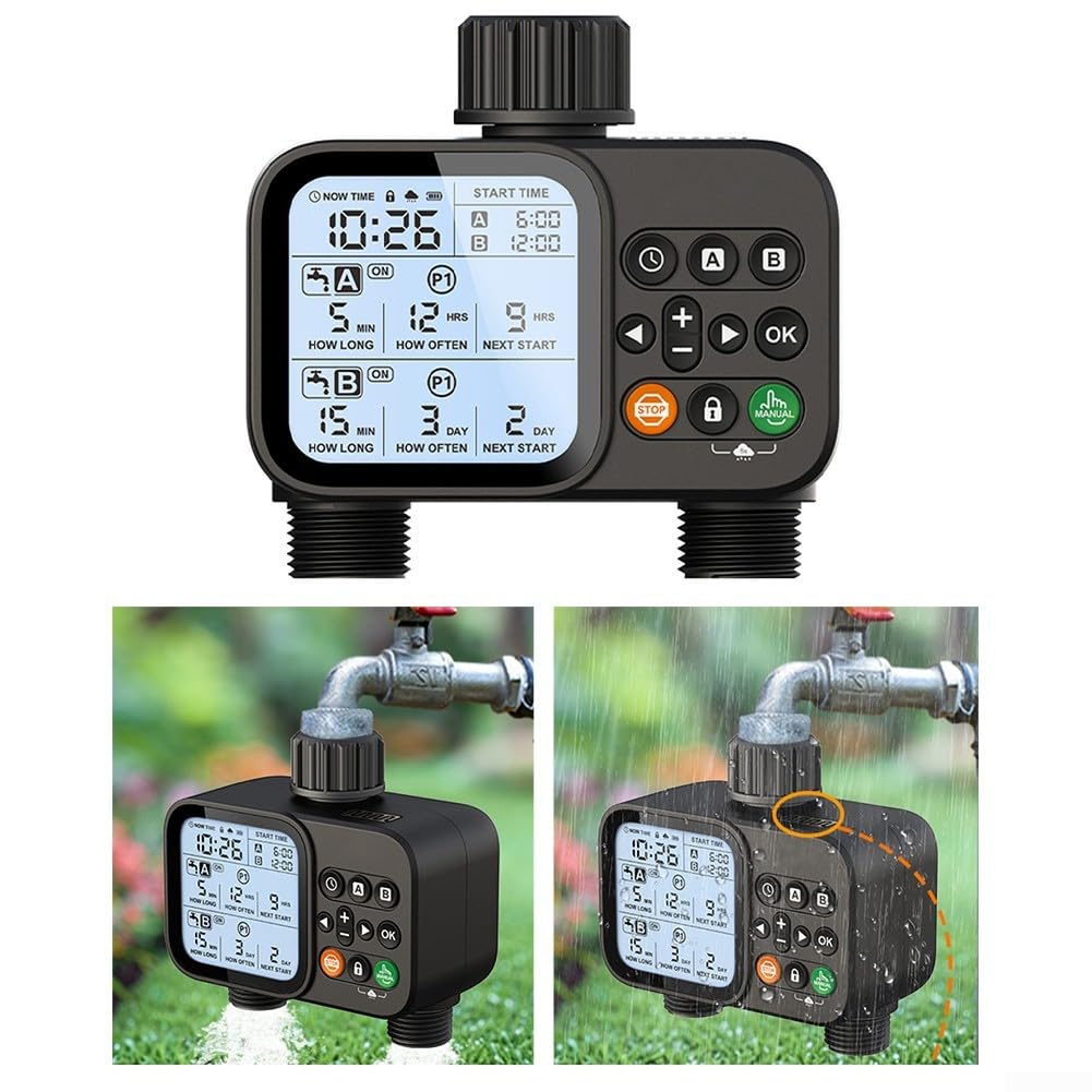 Per timer di irrigazione per prato Programmatore rubinetto esterno doppia uscita regolatore di irrigazione automatico 2 per zona timer tubo da giardino con sostituzione manuale