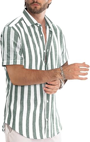 Miniatura 179 de JMIERR Camisas de vestir a rayas con botones y manga corta para hombre