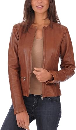 Womens Moto Browny Lambskin Genuine Leather Biker Jacket Brown Leather Jacket for Women