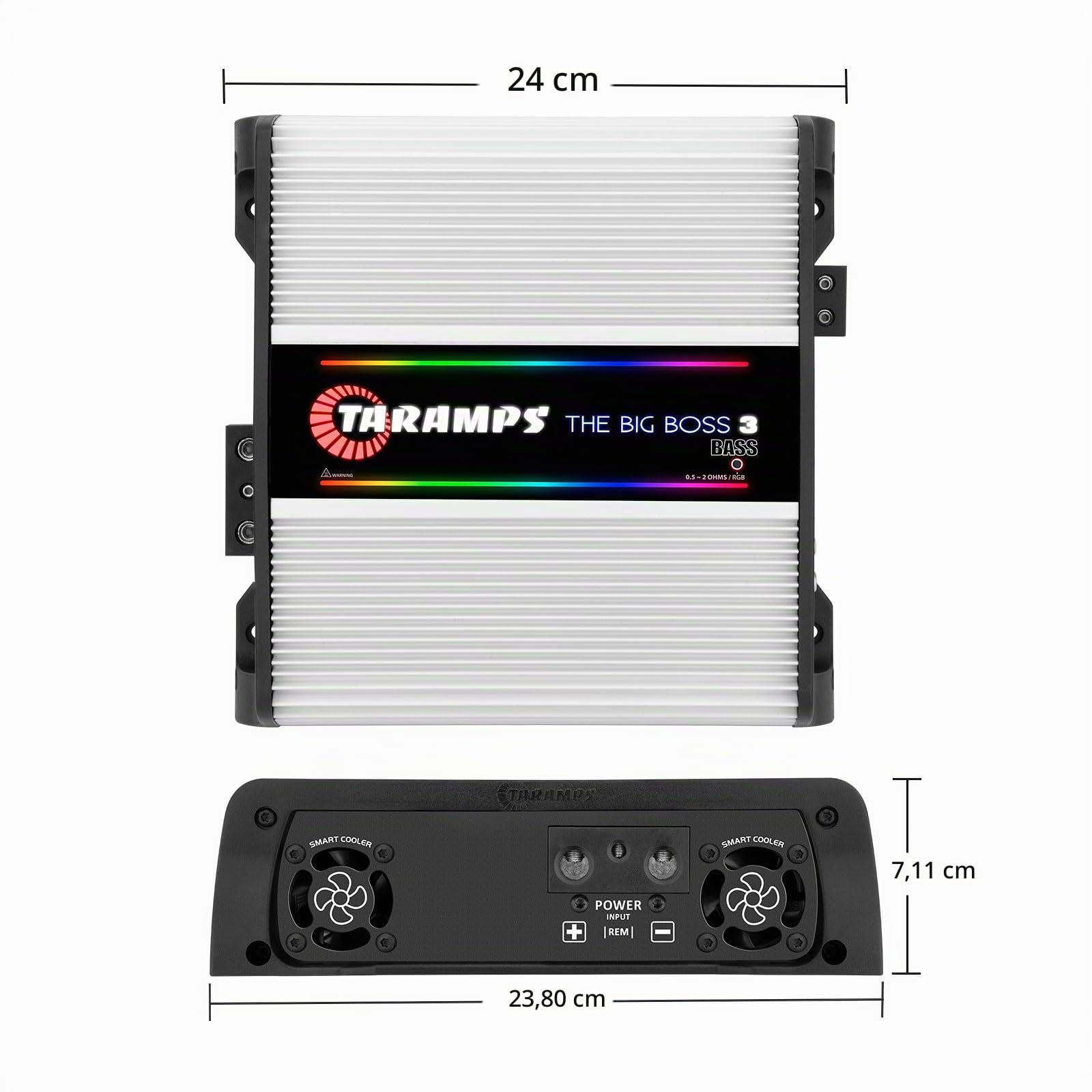 Taramps The Big Boss 3 Amplificateur de Basse 0,5 à 2 Ohms 3000 Watts RMS 108 Effets RVB, Multi Impédance, 1 Canal Classe D, Monoblock, Smart 3K, Auto Audio