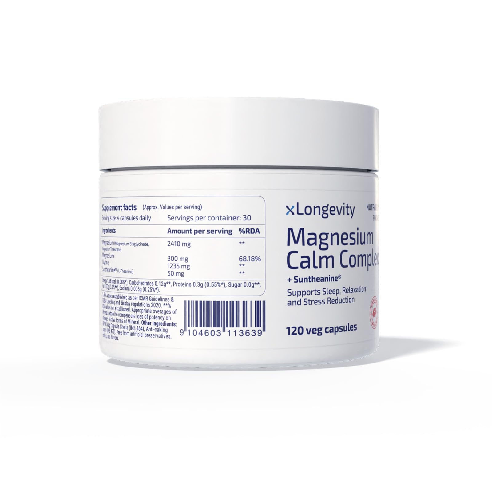 xLongevity Magnesium L Theanine (Nutraceutical) Sleep Capsules 120 Qty - 2410 mg Calm Complex, Chelated Magnesium, Glycine, Suntheanine | Lap-Tested supplement | Muscle Relaxation, Stress Relief tablets - 300 mg per serving, 4 capsules/day 2