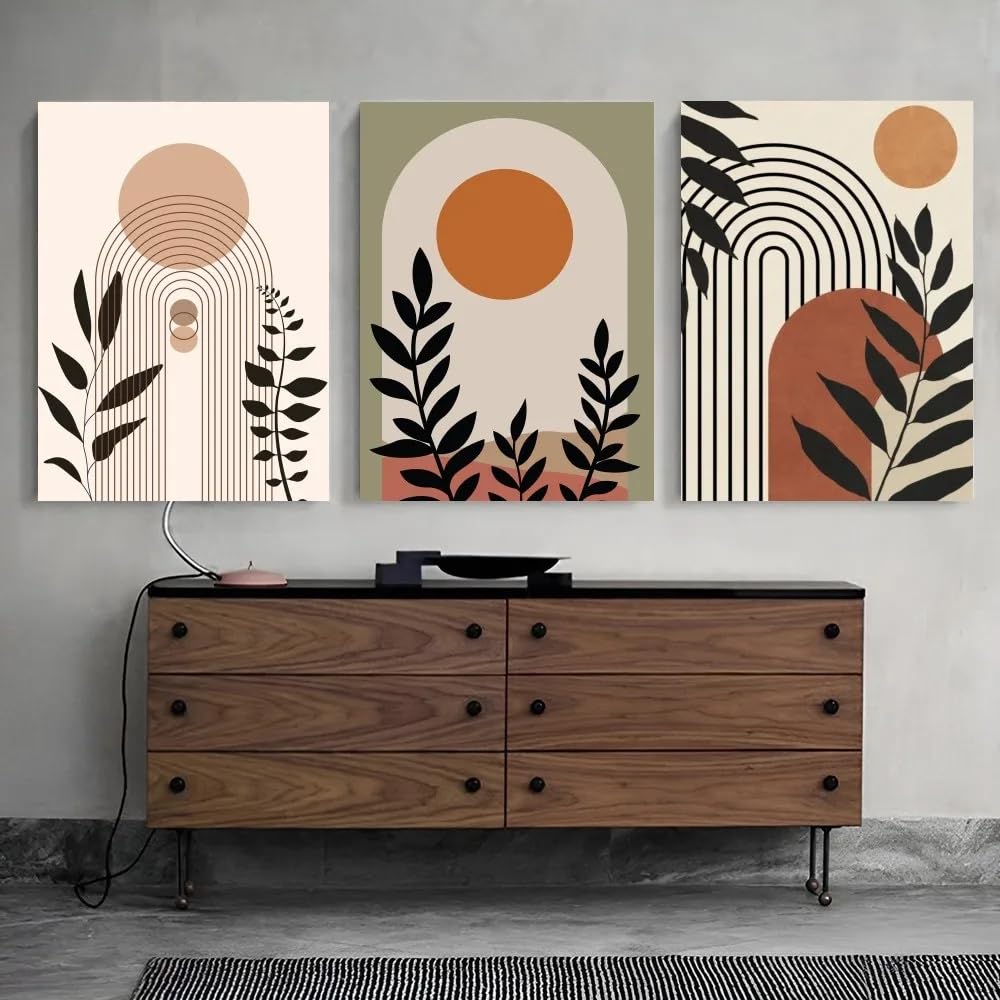 SOBMQ Poster-Sun and Black Lines Leaves Wall Canvas Painting Abstract Poster Print Art Picture For Living Room Bedroom Home Decoration-50 * 70cm-3PCS (No Frame)