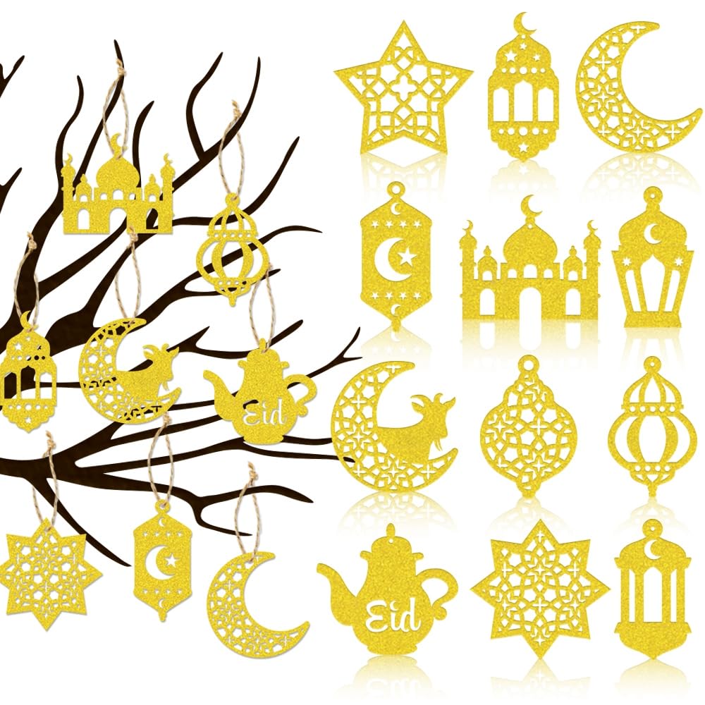 Ramadan Decorations, 12Pcs Pendant Eid Ramadan Decorations for Home, Ramadan Eid Mubarak Hanging Moon Star Lanterns Castle Shape Ornaments Eid Al Adha Decoration，Wall/Room/Tree/Door Gold Glitter Decor