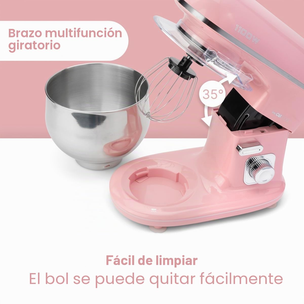 Clatronic® Máquina de Cocina Retro para Hornear | Amasadora 5L |1100W | Amasadora | Gancho y Batidor | Amasadora Protector contra salpicaduras con abertura de repuesto - KM 3711 rosa