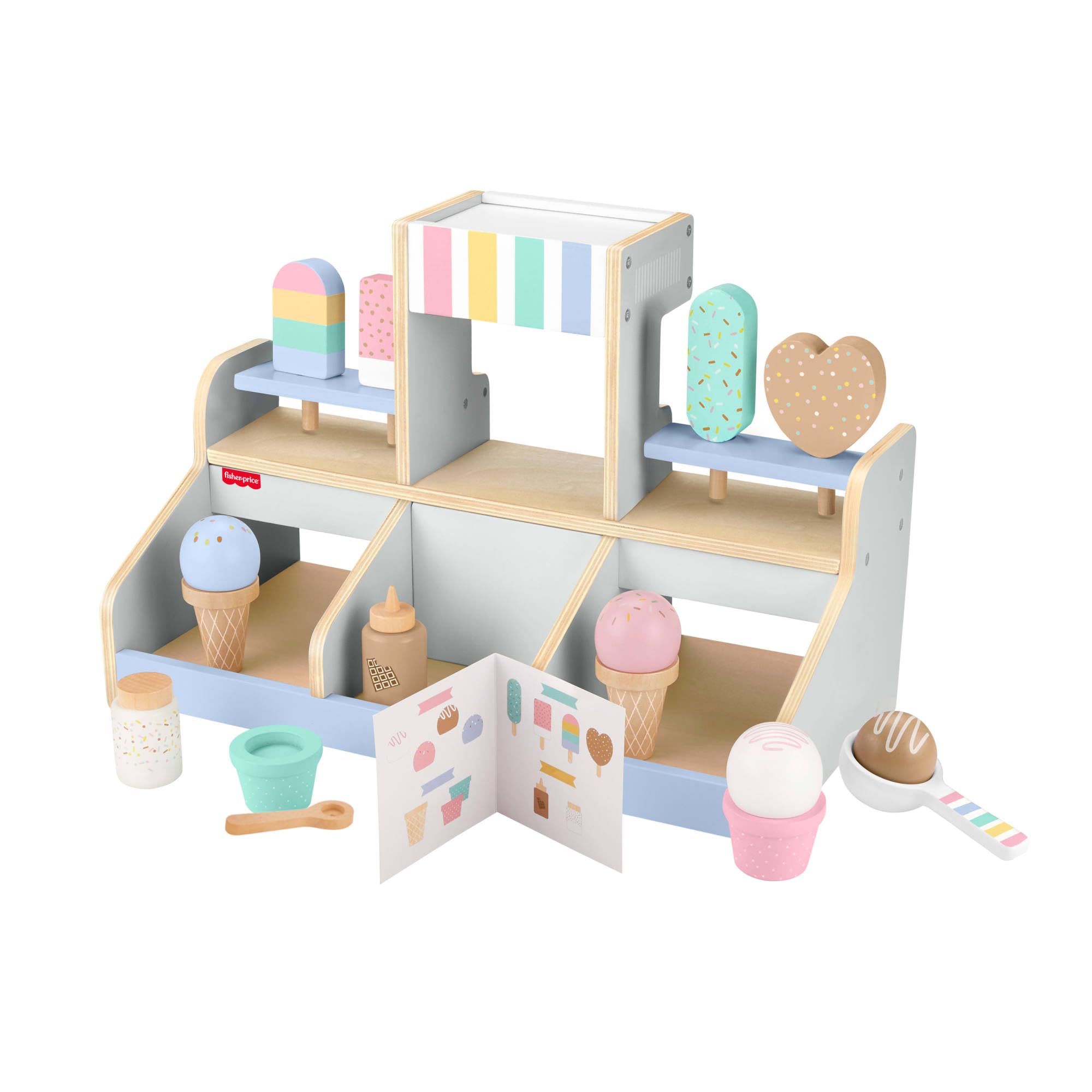 Fisher-Price Drewniana lodziarnia Zestaw z 18 elementami do zabawy w naśladowanie Drewniana zabawka dla 3 latków i starszych maluchów, HXV21