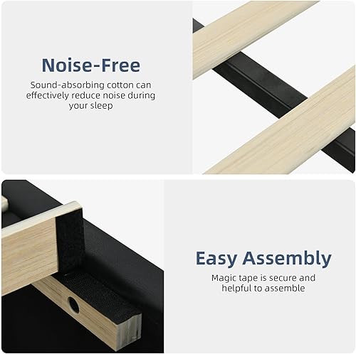 Miniatura 5 de Base de cama Queen con luces LED, plataforma tapizada de piel sintética con cabecero y soporte de listones de madera, no necesita somier, sin ruido,