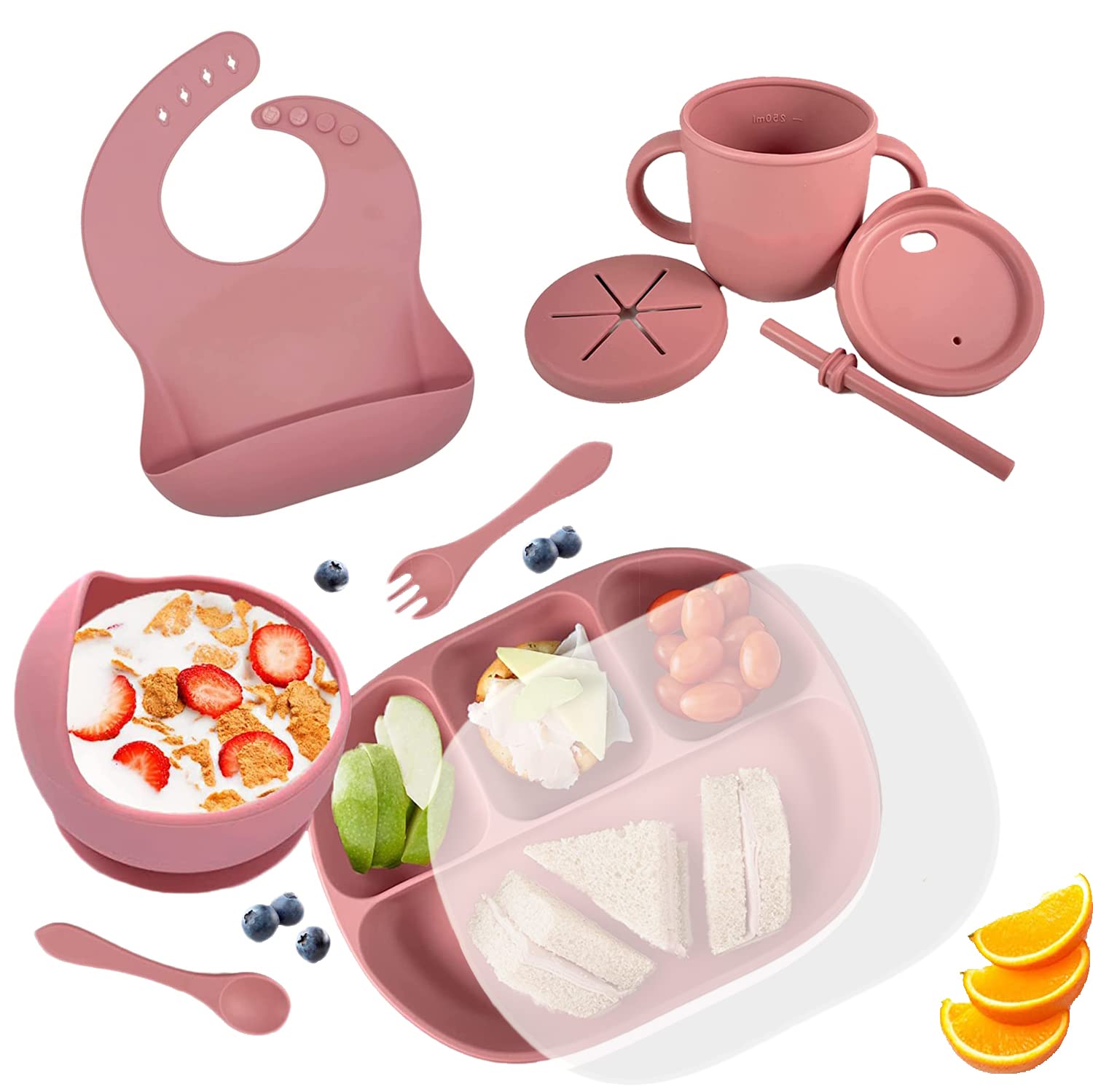 SKADE Baby Led Weaning Supplies,Complete Silicone Baby Feeding Set - Includes Baby Plate, Spoon, Fork, Bib, Bowl, Water & Snack Cup - Food Grade Silicone BPA Free - Dishwasher Safe (Dark Pink)