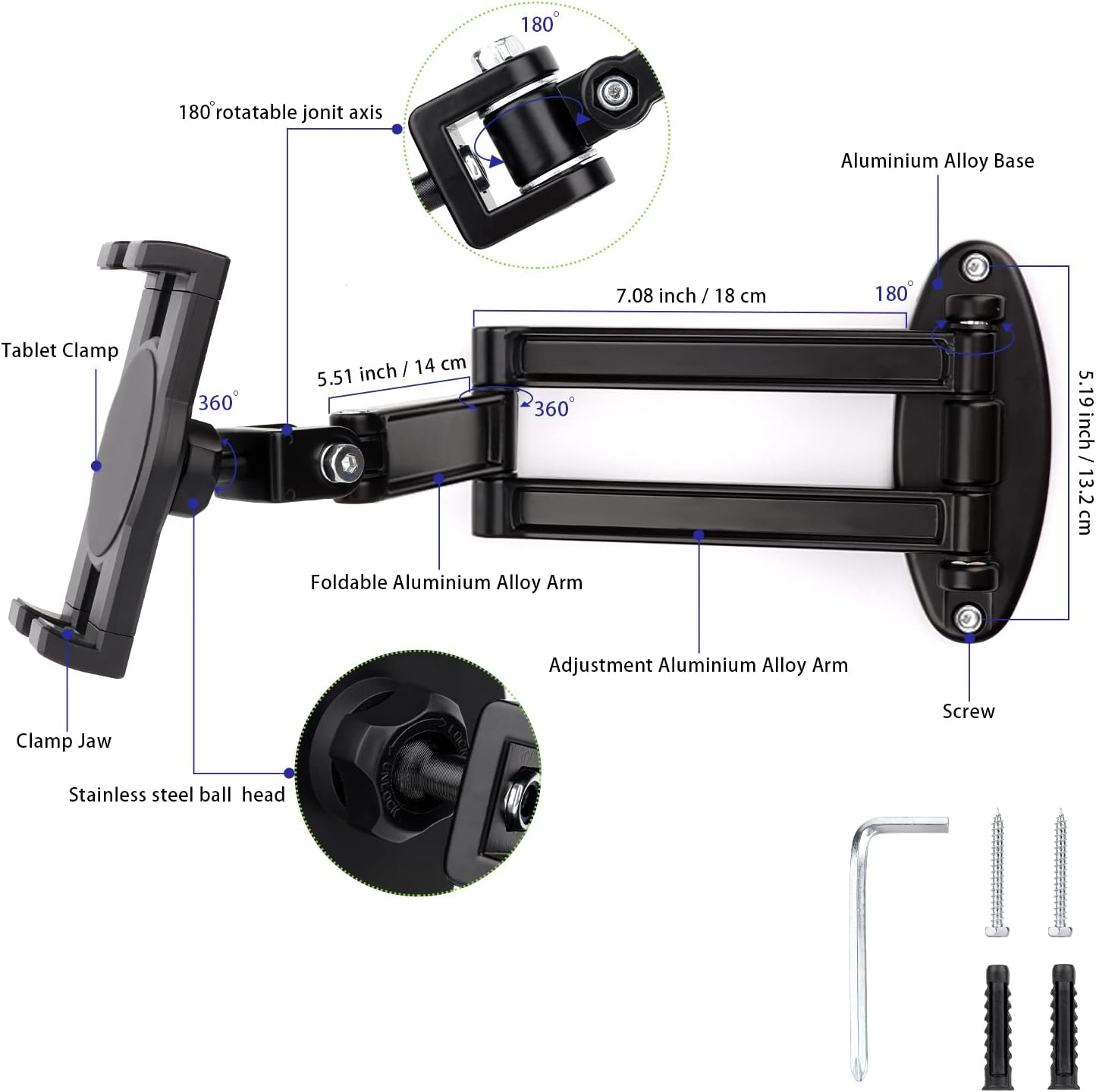 Foldable iPad Wall Mount Holder,Aluminium Extendable Tablet Wall Mount for 7~12.9 inch Tablets iPad/Nexus/LG G Pads/e-Reader/Switch,Adjustable Extension Articulating Arm Swivels Mount